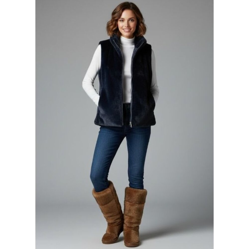 J. Crew Cozy Navy Blue Soft Plush Faux Fur Zip Up Vest Women's Size Medium